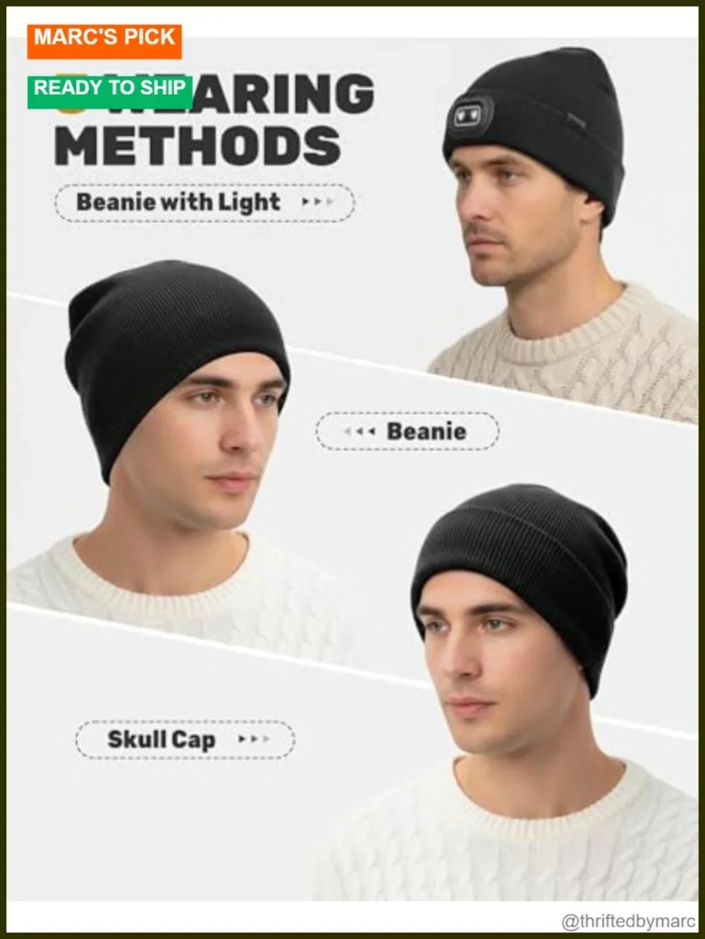 LED Beanie with Light Rechargeable Knit Hat Acrylic Winter Stocking Cap